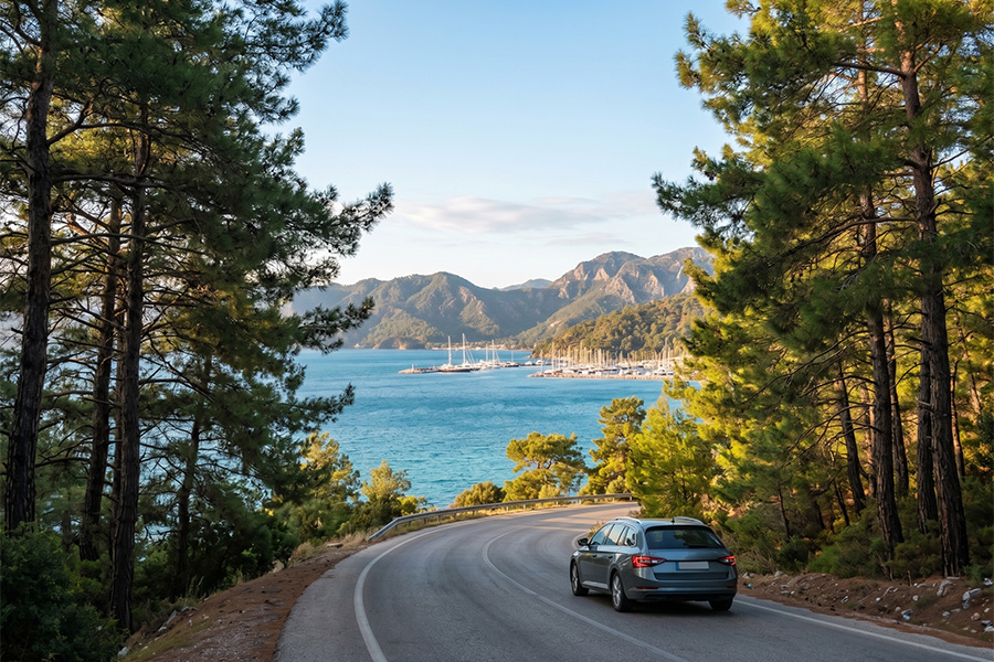 Car on a pine-lined coastal road descending to Göcek marina — easy drive from Dalaman