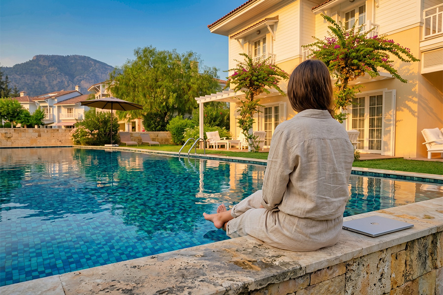 A quiet moment beside the turquoise mosaic pool of our Portville villa, laptop closed: the calm shift when the workday ends and the evening begins. The best part of remote work in Göcek — a short swim and the view. Info & booking: gocekrentals.com