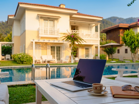 Laptop and Turkish coffee on a villa terrace overlooking the pool — workation in Göcek