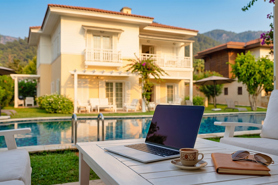 Laptop and Turkish coffee on a villa terrace overlooking the pool — workation in Göcek