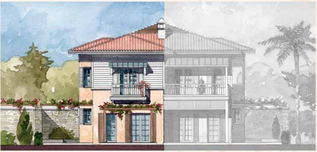 Portville A-type villa front elevation (Villa 9), left-hand home of a twin block